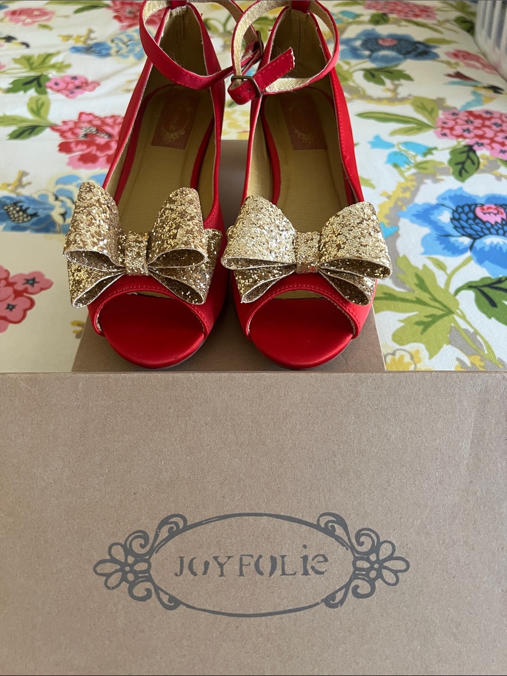 Joyfolie Red Satin Peep-Toe Heels with Gold Glitter Bow Accent